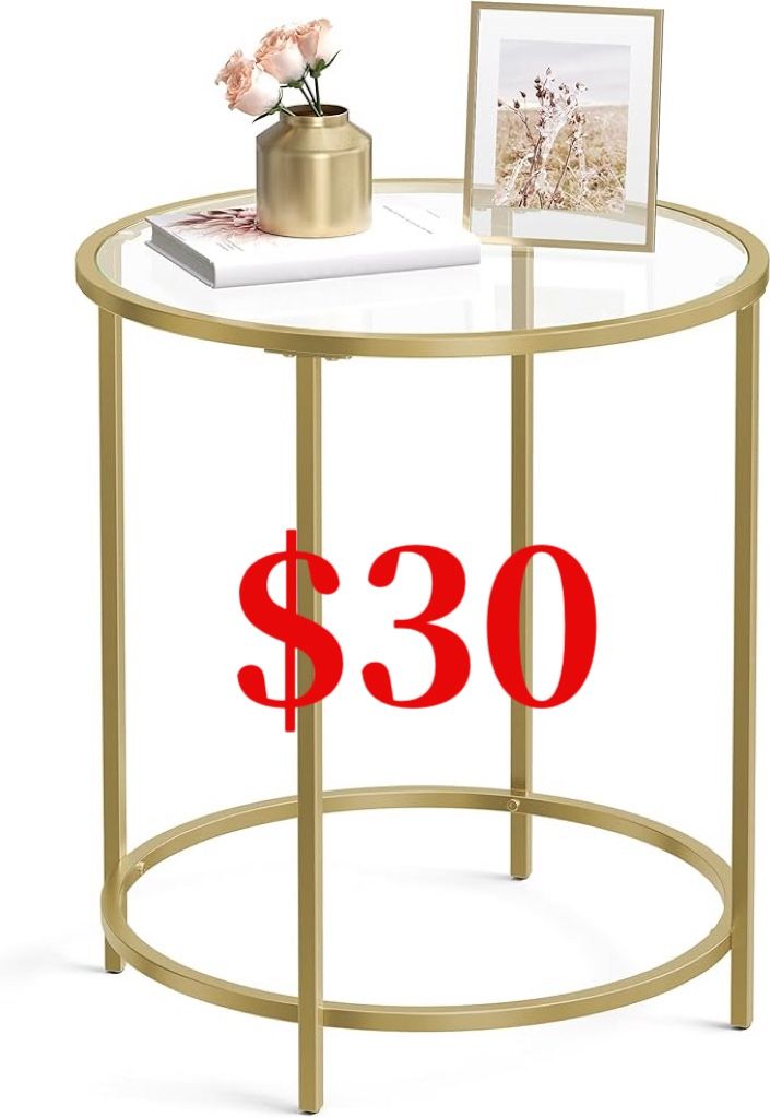 Round Side Table, Glass End Table with Metal Frame, Gold Coffee Table with Modern Style