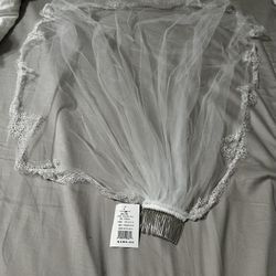 1 Tier Elbow Veil With Accent Trim - White