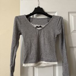 Gray Ribbed Long Sleeve Top with Lace Detail | Women’s