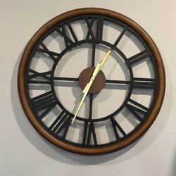 Large Modern Wall Clock – Wood & Black Metal (Roman Numerals)