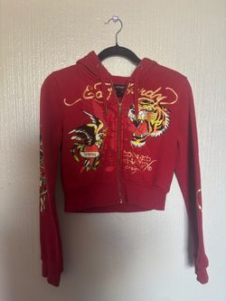 Ed Hardy Red Cropped Zip-Up Hoodie