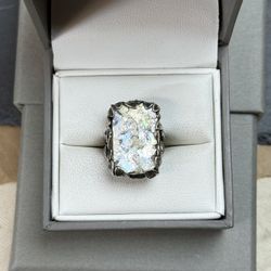 Sterling Silver 925 Roman Glass Rectangular Leaf Design Ring 