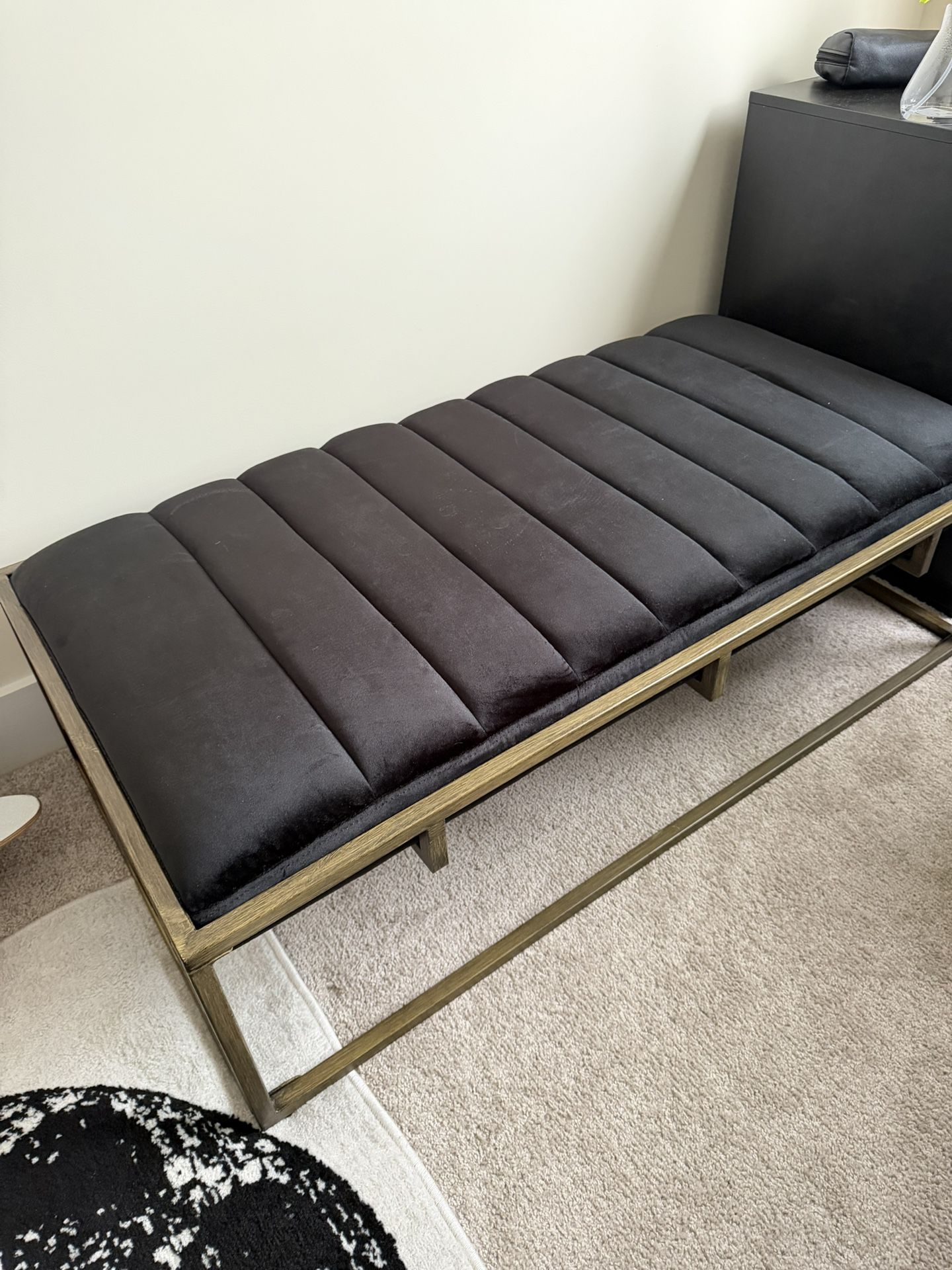 Modern Velvet Ottoman Bench with Brass Finish, Black