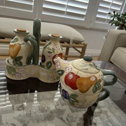 Olive Oil and Vinegar Bottle set With matching Tea Kettle and mug set