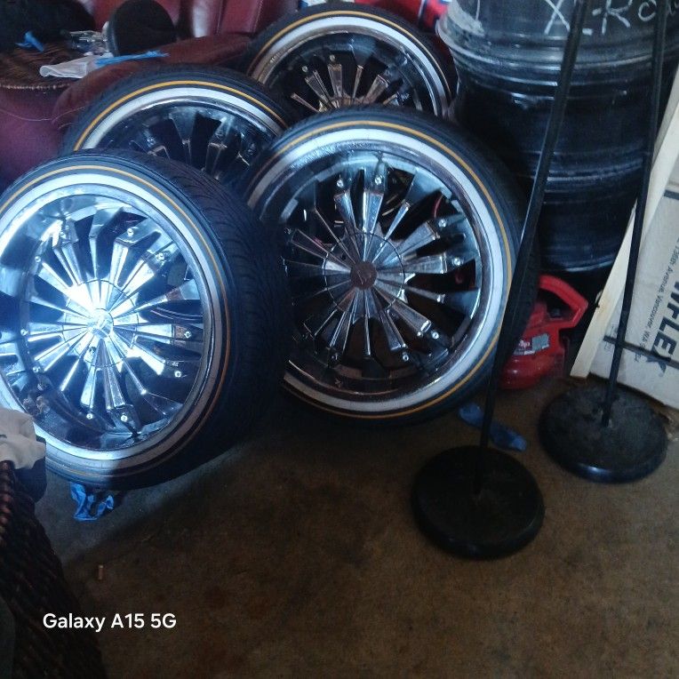 20" VOGUE RIMS, % MUSTARD TRIM WHITEWALL TIRES