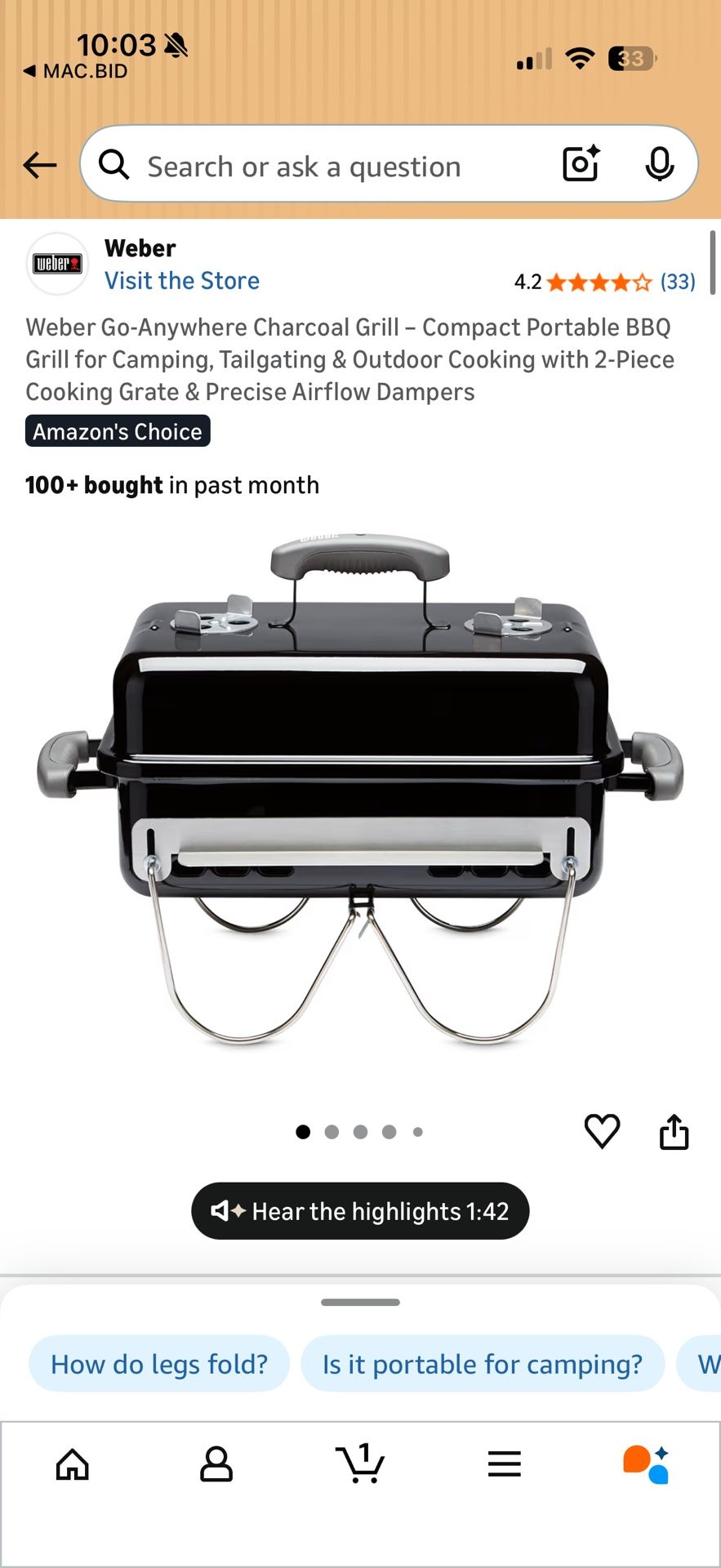 Weber Go-Anywhere Charcoal Grill.