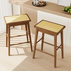 Bamworld Bar stools Set of 2, Counter Height Kitchen Stool 24 inch Bar stools Backless Boho Mid Century Barstools Rattan Like Counter Stools (Brown)