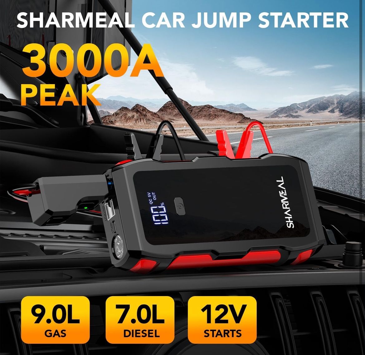New In Box Jump Starter Battery Pack,3000A,12V(Up to9.0L Gas or7.0L Diesel Engine)Battery Booster with3Modes Flashlight&Jumper Cable