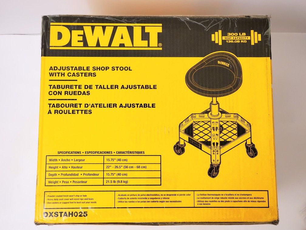 New Dewalt 24 in. H x 16 in. W x 16 in. D Adjustable Shop Stool with