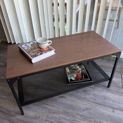 Industrial Coffee Table with Wood Top & Metal Mesh Shelf