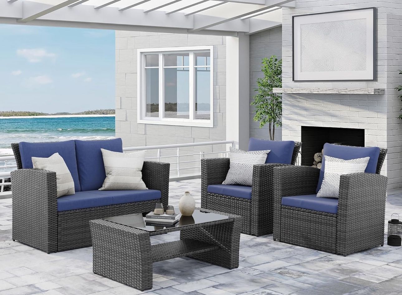SalešBrand New Assembled 4 Piece Wicker Outdoor Patio Furniture Set