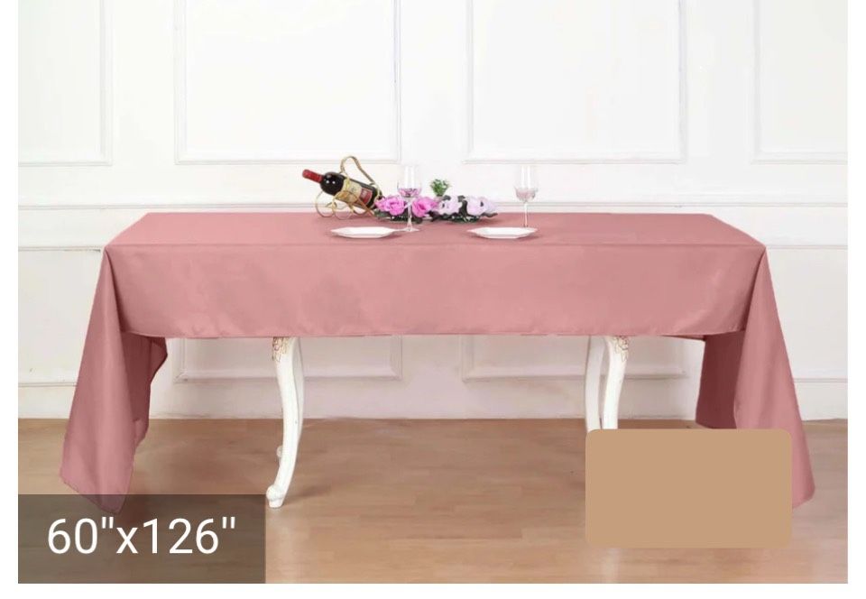 Table Cloths in Dusty Rose, qty 5 @ 60”x126” rectangular and qty 1 @ 120” round