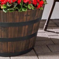 Jackson Extra Large Dark Brown Wood Barrel Planter with Drainage Hole (26 in. L x 26 in. W x 16.5 in. H)