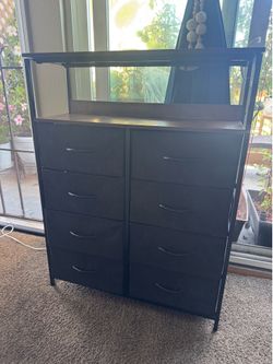 Rustic Brown Wood Grain Print, 8 fabric drawers plus open shelves.