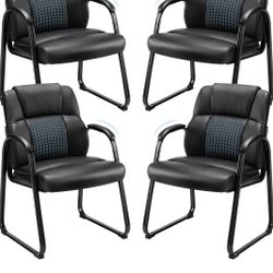 Sweetcrispy Waiting Room Guest Chair Set of 4, Leather Stationary Office Reception Chairs No Wheel, Comfy Padded Arms and Seld Base, for Conference R