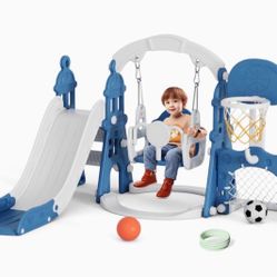 XJD 6-in-1 Toddler Slide and Swing Set, Kids Slide for Toddlers Age 1+, Toddler Outdoor Playset with Basketball Hoop, Football Frame, Swing, Outdoor I