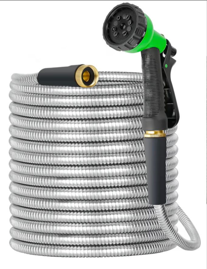 Garden Hose 100ft Stainless Steel Water Hose Super Tough Flexible Water Pipe with Brass Fittings and Sprayer Nozzle, No Kink, Rust Proof