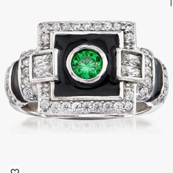 Ross-simons 0.23 Carat Simulated Emerald and .65 ct. t.w. CZ Art Deco Ring With Black Enamel in Sterling Silver Women's Adult
