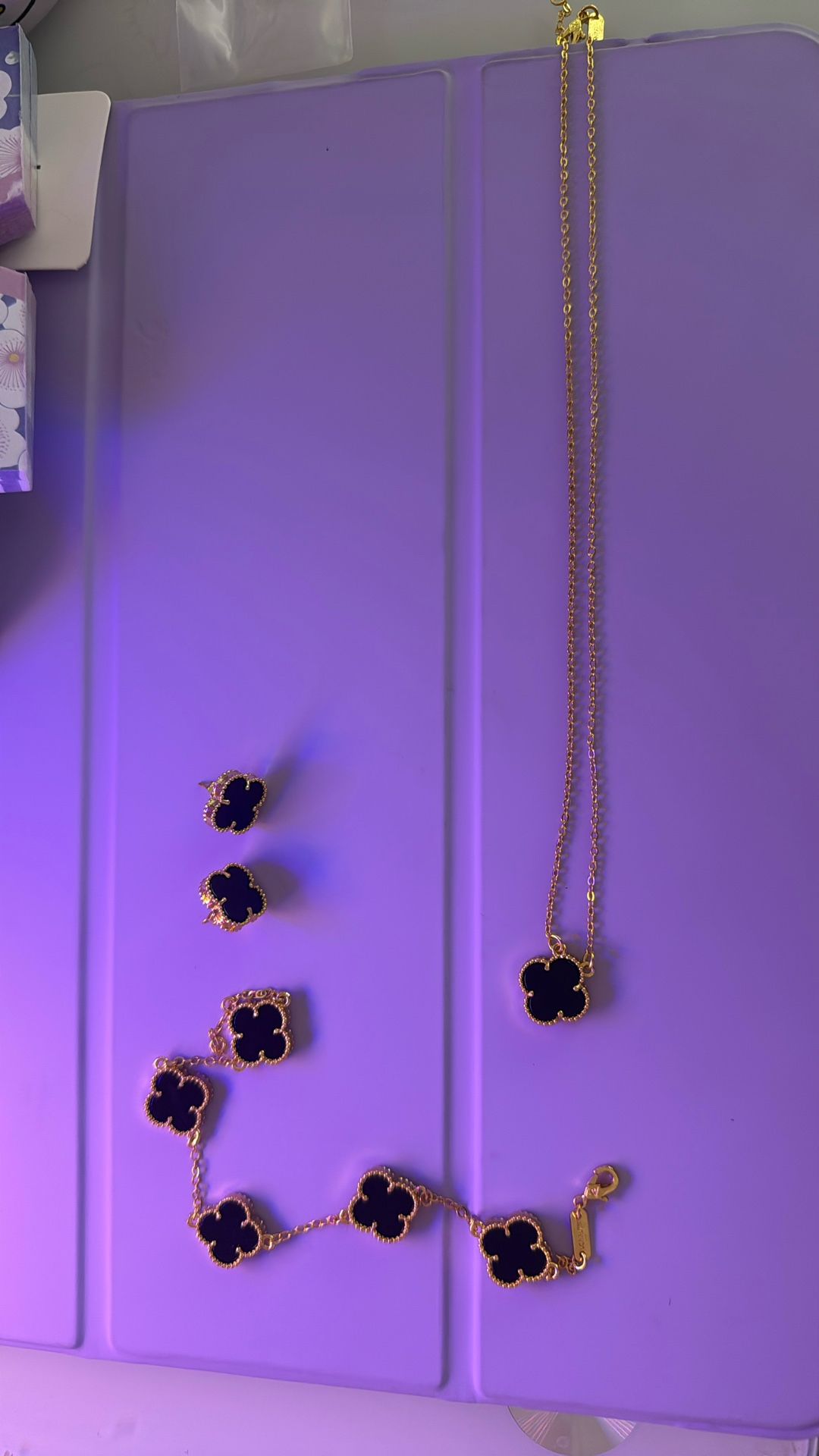 Clover Earrings, Necklace, bracelet Set With Black Gem