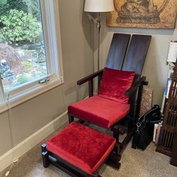 Handcrafted Antique Lounge Chair with Footrest – Woodwork & Velvet Red Cushions
