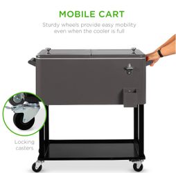 Gray Portable Rolling Cooler Cart w/ Bottle Opener, Catch Tray - 80qt