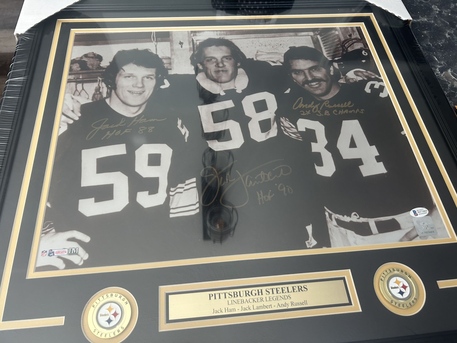 Jack Ham,Jack Lambert & Andy Russell Signed Steelers 29x32 Custom Framed Photo