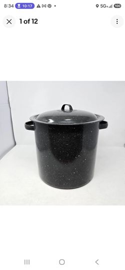 Vintage Black Speckled Enamel Stock Pot & Lid Large Pan