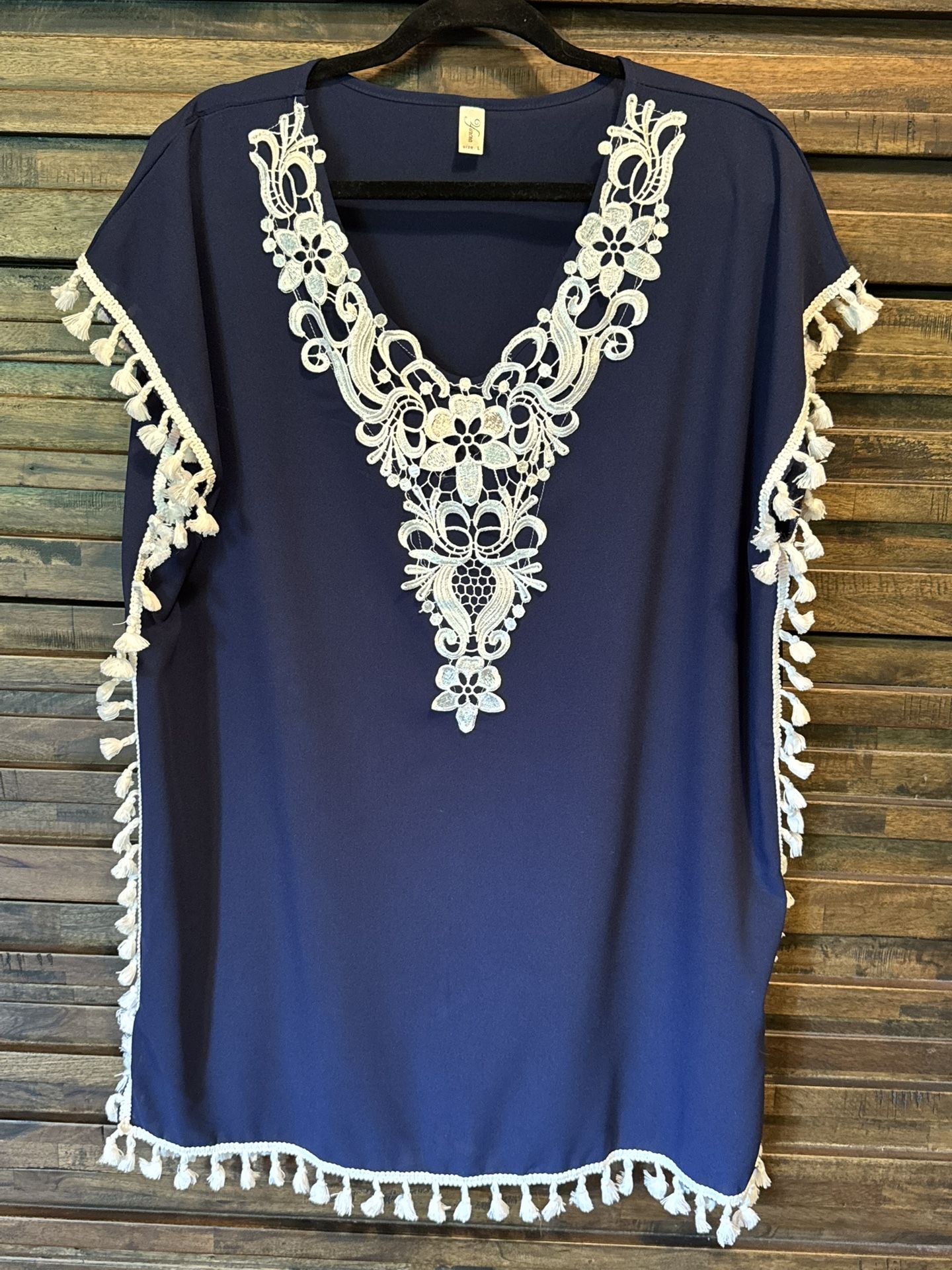 Yincra Yincro Womens Swimsuit Beach Coverup Dress LRG Blue White Tassles Boho