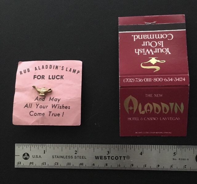 Vintage Las Vegas Aladdin Hotel & Casino Lucky Genie Lamp Pin & Matchbook