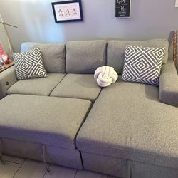 Gray 93" 3 Piece Right Arm Facing Pop-Up Sleeper Chaise Sectional with USB & USB-C Ports & Swivel Chair