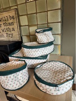 Quilted fabric DISH storage containers floral green trim