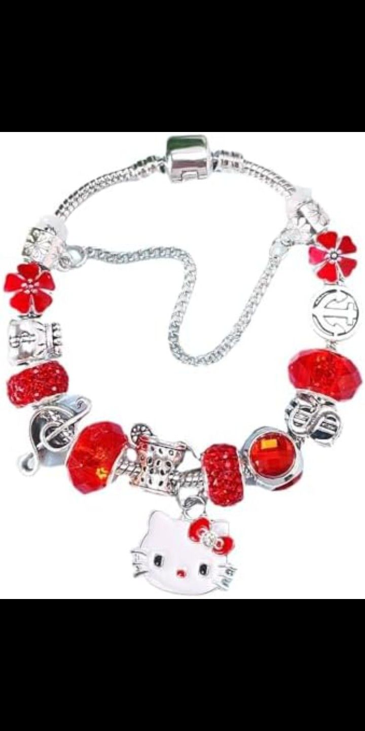 Hello Kitty Rhinestone Crystal, Enamel, Bead Valentines Day bling bracelet Sanrio Red Pandora Style