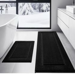 Brandnew  (24"x17" + 48"x20", Black) Bathroom Rugs Set 2 Pieces, Ultra Soft Thick Plush Fluffy Microfiber Absorbent Bath Mat, Non-Slip Backing, Machin