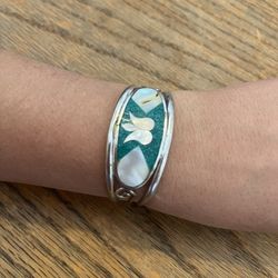 Mother Of Pearl Pink Tulip Flower Silver Mexico Cuff Bracelet Collectible