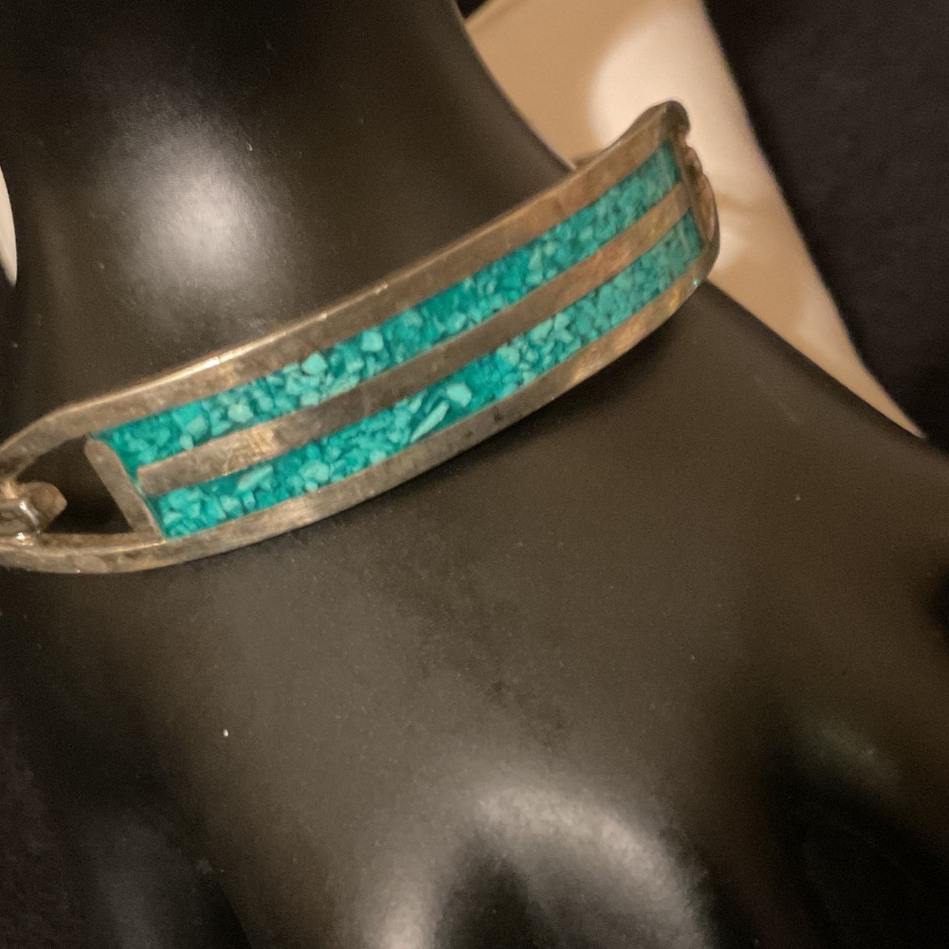 Vintage Solid Sterling Silver (925) Bangle Bracelet With Turquoise Stripes…(open And Snap Close)