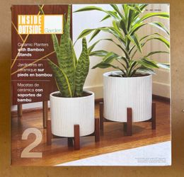 Ceramic Planters with Mid-Century Wood Stands 2-Pack Set - Brand New Box