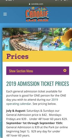 1 ticket Canobie Lake Park