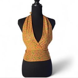 Motel Rocks Rayia Halter Top Orange Floral Mesh Wrap Plunge Neck XS NEW