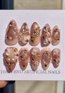 Champagne Royalty 3D Rose Gold Almond Press On Nails Pearls Gems White Flowers