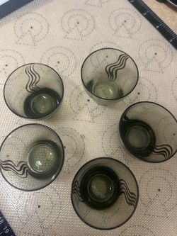Vintage -Style , Set of 5 Smoky Green Glass Cups