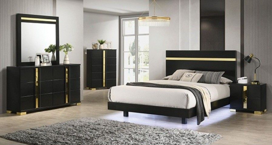 Brand New Black & Gold 4pc Queen Bedroom Set (Available In Eastern King)
