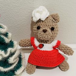 New Handmade Crocheted Teddy Bear Girl In A Red Dress With A Lady Bug