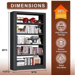 Heavy Duty Metal Bookshelf, 5-Tier Industrial with Adjustable Shelves, 69" H x 36" W, Black I-1