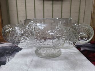 Vintage Jeanette Glass Clear Fruit Punch Bowl, W 11 Cups
