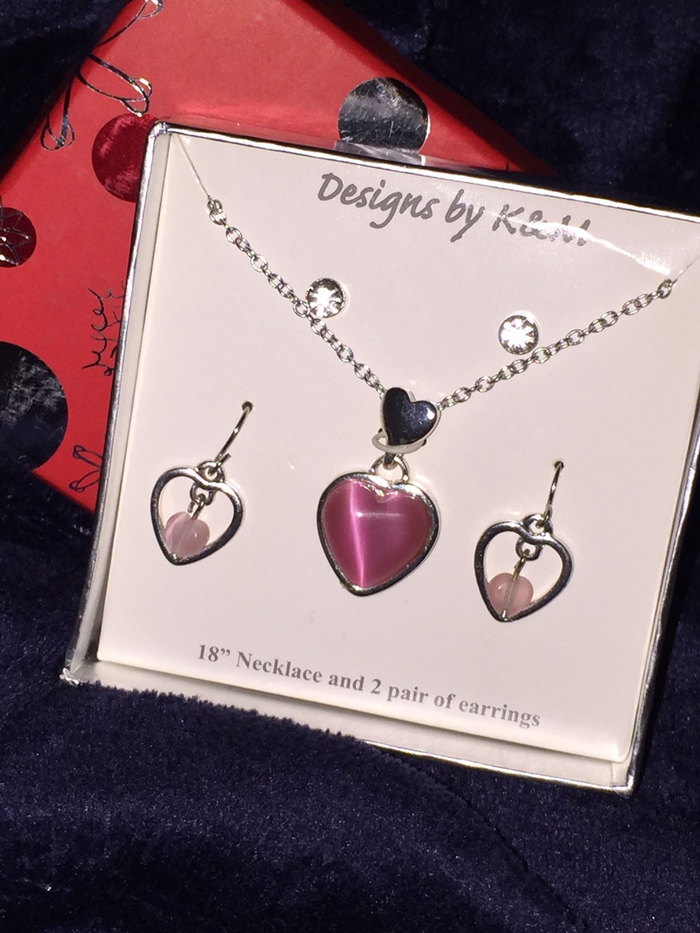 New BoxedJewelry Set Pink Heart Charms Earrings K & M Designs Silver Tone 18” Chain Gift Dangles Crystals 2 Pairs BN98