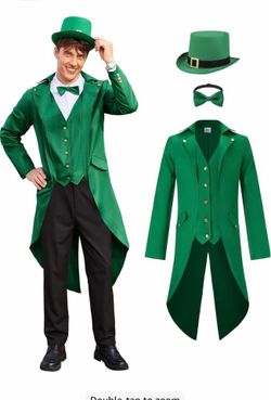Men's Green Irish Costume Leprechaun Outfit Steampunk Tailcoat Hat Bow Tie XL