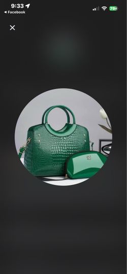 Green Croc-Embossed Handbag with Pouch
