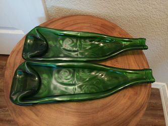 Set of 2 Flattened Repurposed Green Glass Bottle Unique Spoon Rest Snack Dish