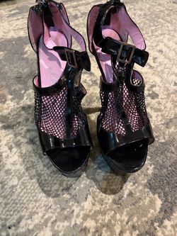 Black Patent Platform Heels with Mesh Detail