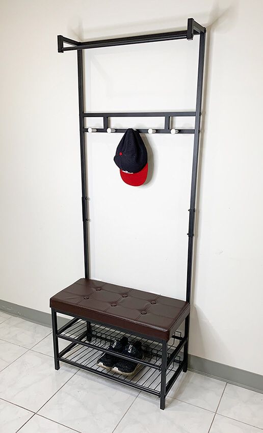 (NEW) $35 Entryway Metal Shoe Rack w/ 28”x13” Bench Seat and 71” Tall Coat Hanger Storage